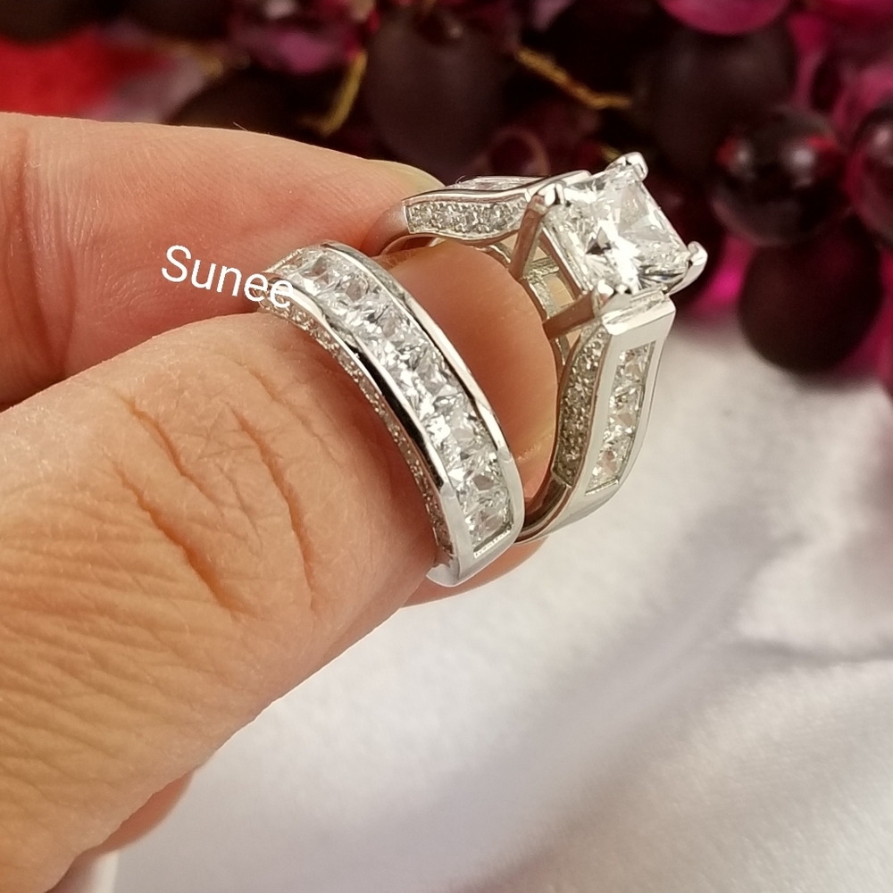 NEW WOMENS 925 STERLING SILVER ENGAGEMENT RINGS WEDDING RINGS DIAMOND SET - Picture 2 of 6